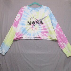 NASA Tie Die Long Sleeve Graphic Logo Crop Top Blue/Pink Women Size | L